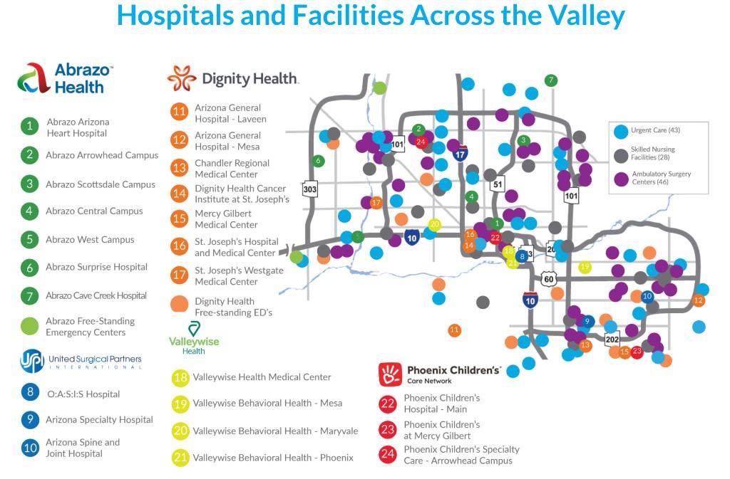 Map of hospitals and facilities across the Phoenix metropolitan area, including Abrazo Health, Dignity Health, Valleywise Health, Phoenix Children's, urgent care, skilled nursing, and ambulatory surgery locations.